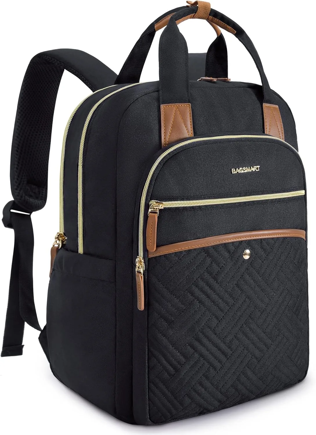 BAGSMART Women's Laptop Backpack, 15.6 Inch, Quilted Black, USB Charging Port, Ergonomic Design, Large Capacity