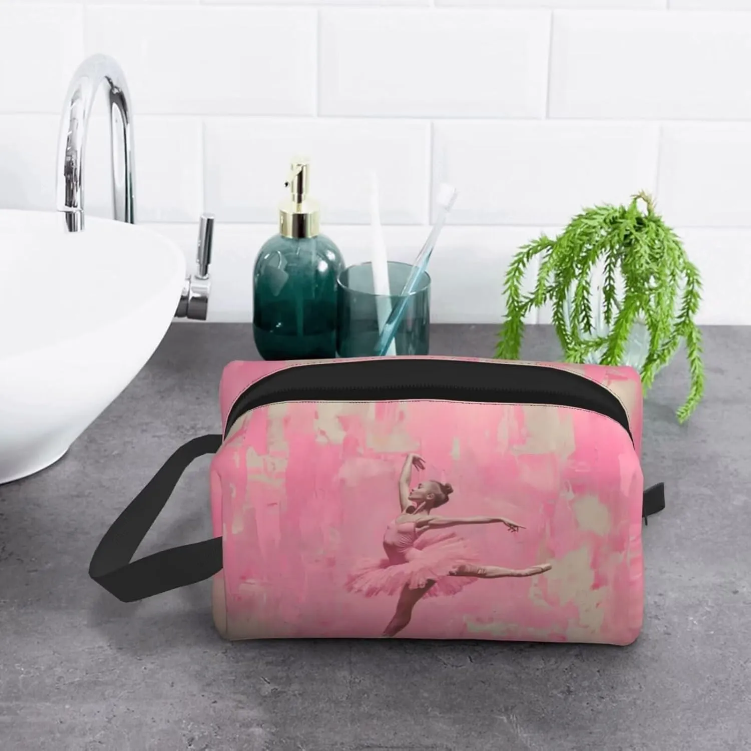 Ballet Makeup Bag Ballet Dancer Cosmetic Bag Pink Small Cosmetic Purse Bags Makeup Pouch Large Capacity Travel Toiletry Bag Retro Makeup Brushes Aesthetic Accessories Storage Bag