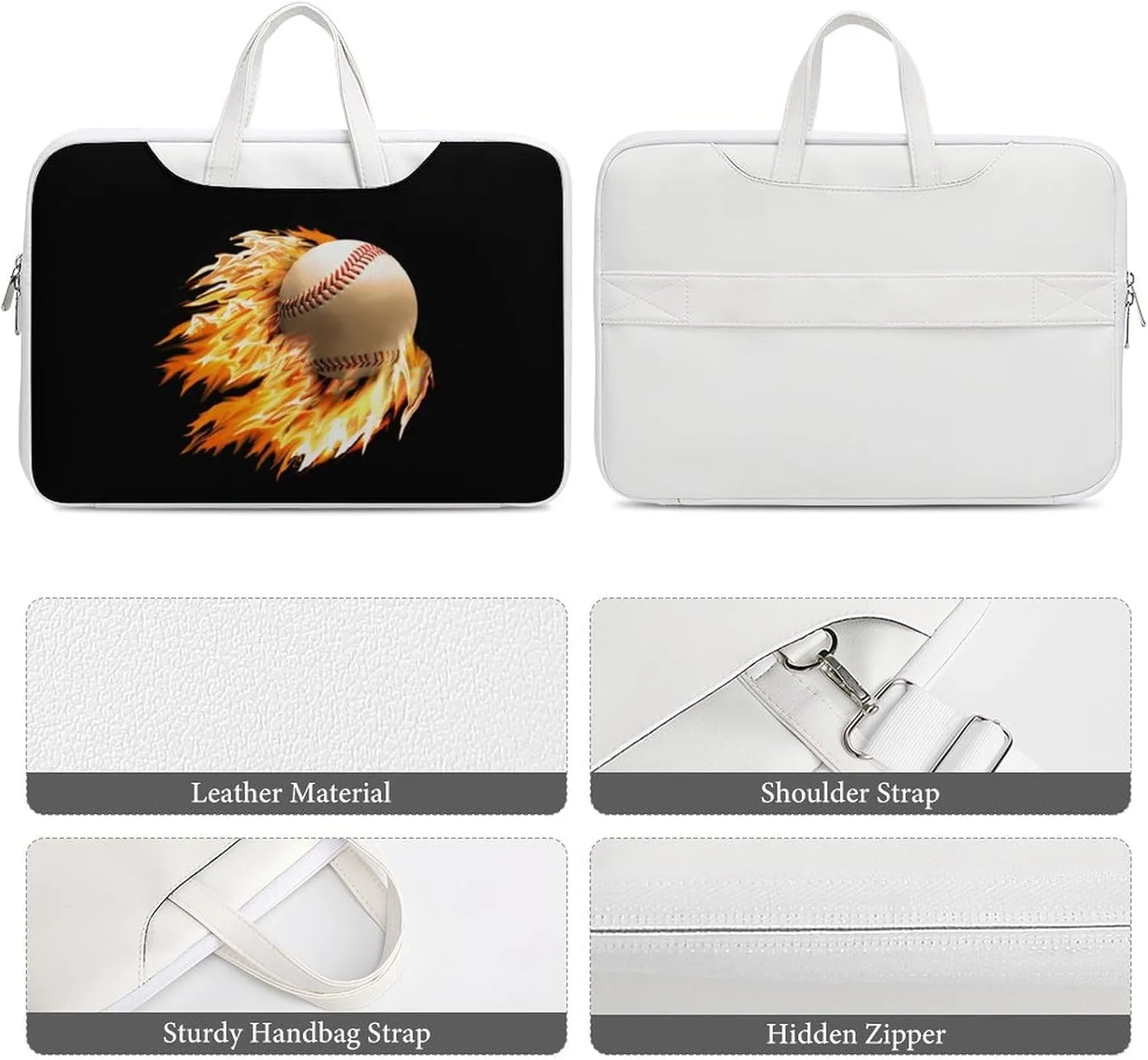 Baseball on Fire Leather Bag Laptop Case Slim Water Resistant Computer Bags with Handle Briefcase for Work