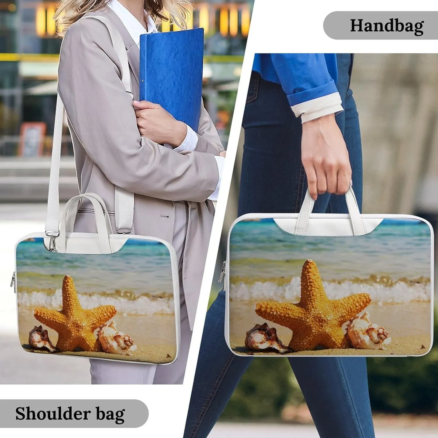 Beach And Starfish Leather Bag Laptop Case Slim Water Resistant Computer Bags with Handle Briefcase for Work