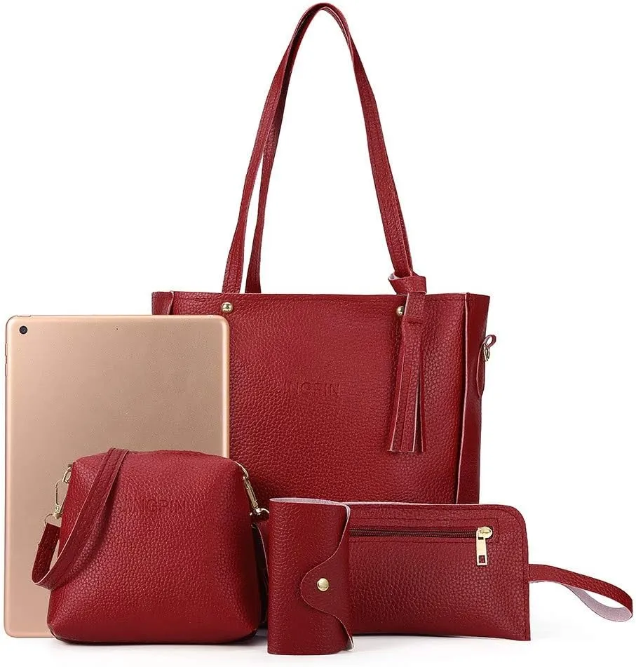 Beach Tote Bag 4 Packet Leather Solid Color Handbags Shoulder Bags Crossbody Hobo Bags Card Purse Work Travel Essential Z