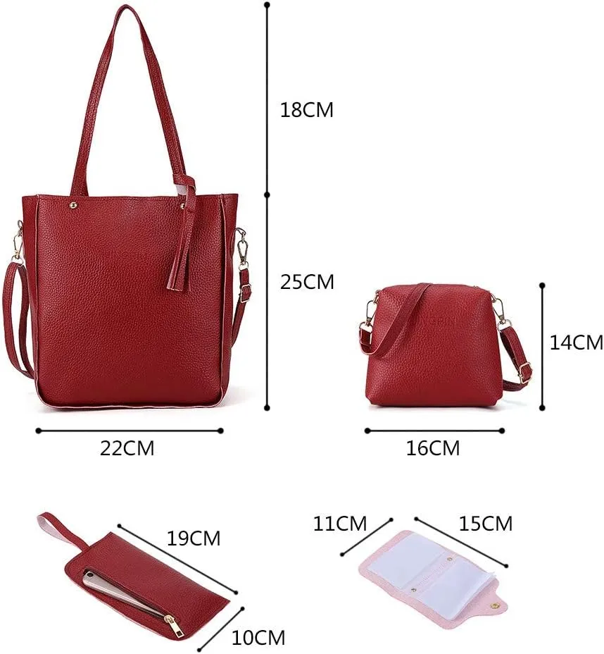 Beach Tote Bag 4 Packet Leather Solid Color Handbags Shoulder Bags Crossbody Hobo Bags Card Purse Work Travel Essential Z