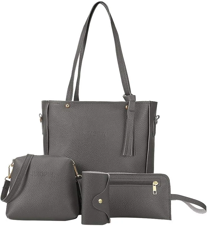 Beach Tote Bag 4 Packet Leather Solid Color Handbags Shoulder Bags Crossbody Hobo Bags Card Purse Work Travel Essential Z
