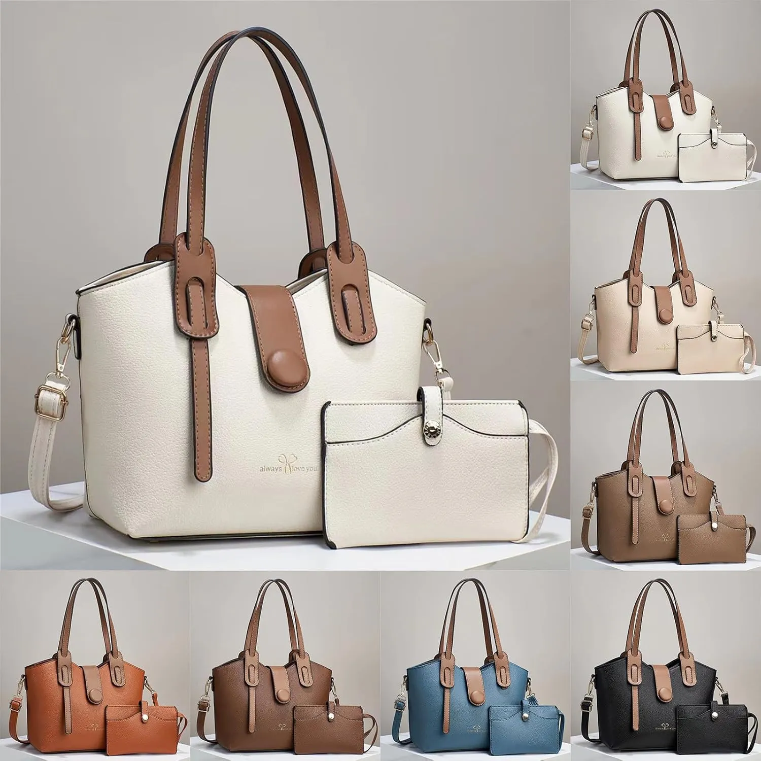 Beach Tote Bag 4 Packet Solid Color Leather Handbags Shoulder Bags Crossbody Hobo Bags Card Purse Work Travel Essential J