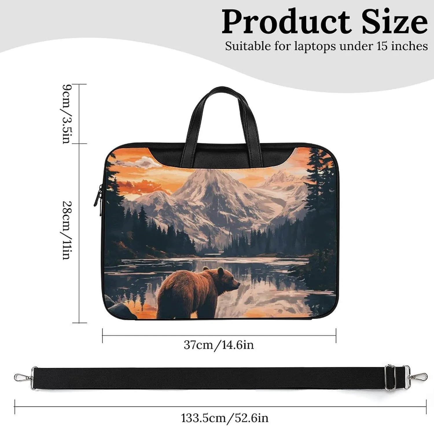 Bear Snow Mountain Sunset Leather Bag Laptop Case Slim Water Resistant Computer Bags with Handle Briefcase for Work