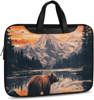 Bear Snow Mountain Sunset Leather Bag Laptop Case Slim Water Resistant Computer Bags with Handle Briefcase for Work