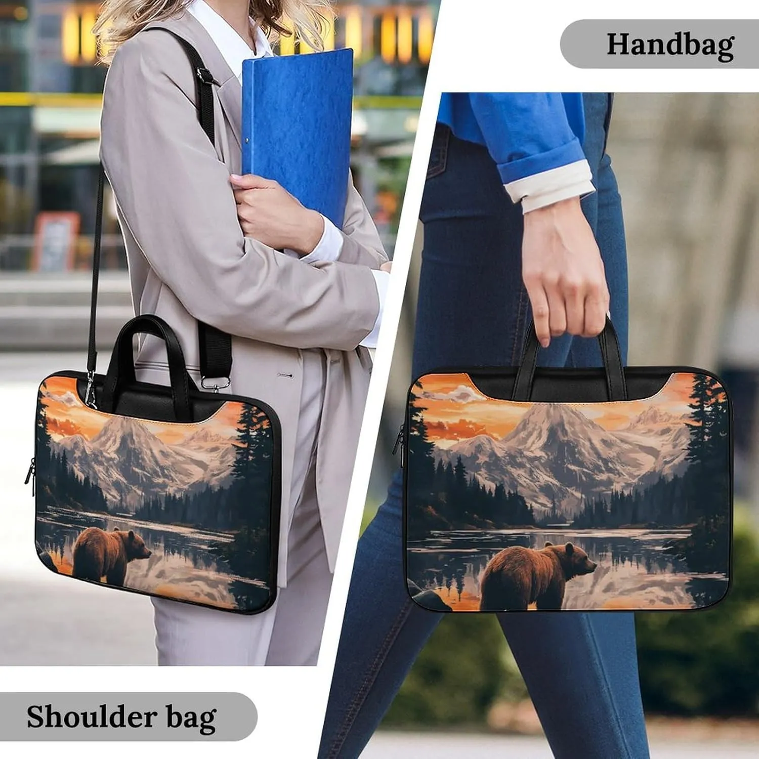 Bear Snow Mountain Sunset Leather Bag Laptop Case Slim Water Resistant Computer Bags with Handle Briefcase for Work