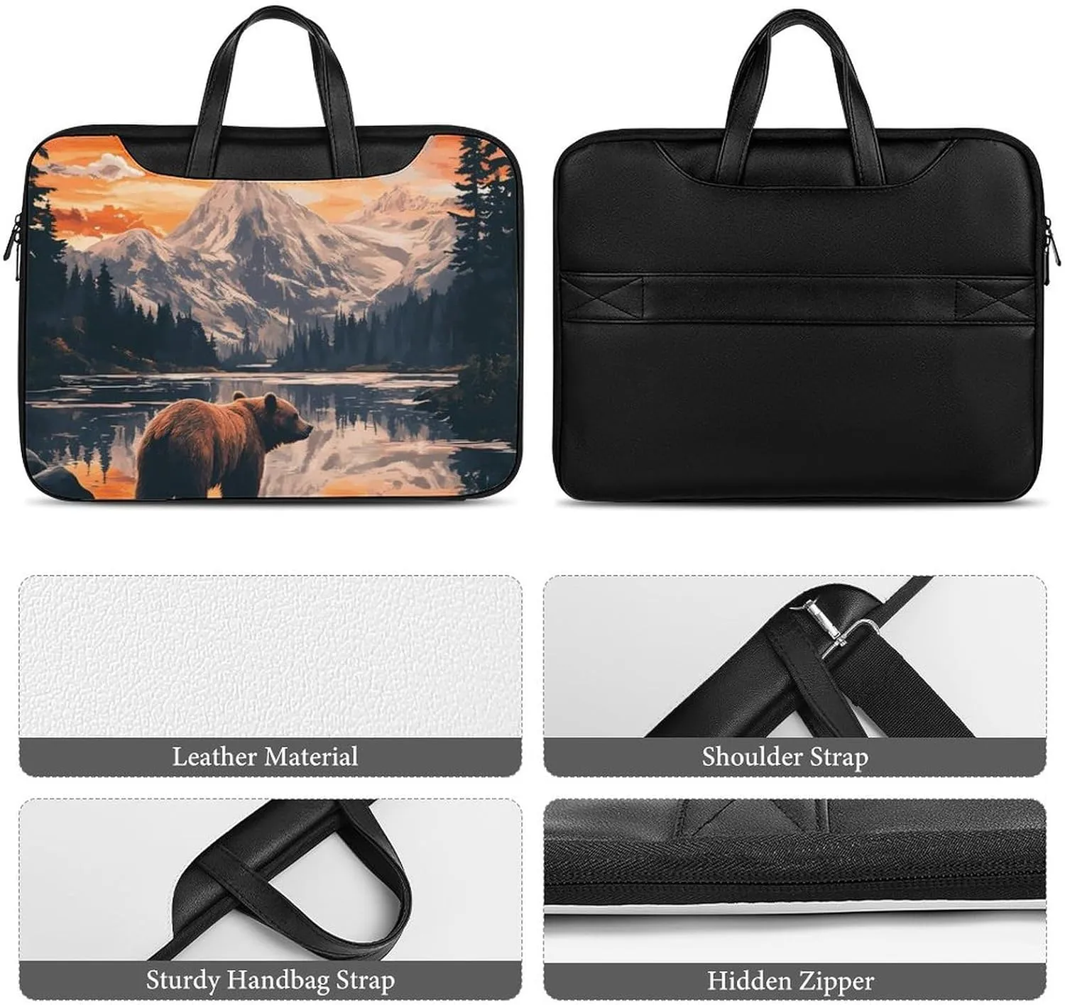 Bear Snow Mountain Sunset Leather Bag Laptop Case Slim Water Resistant Computer Bags with Handle Briefcase for Work