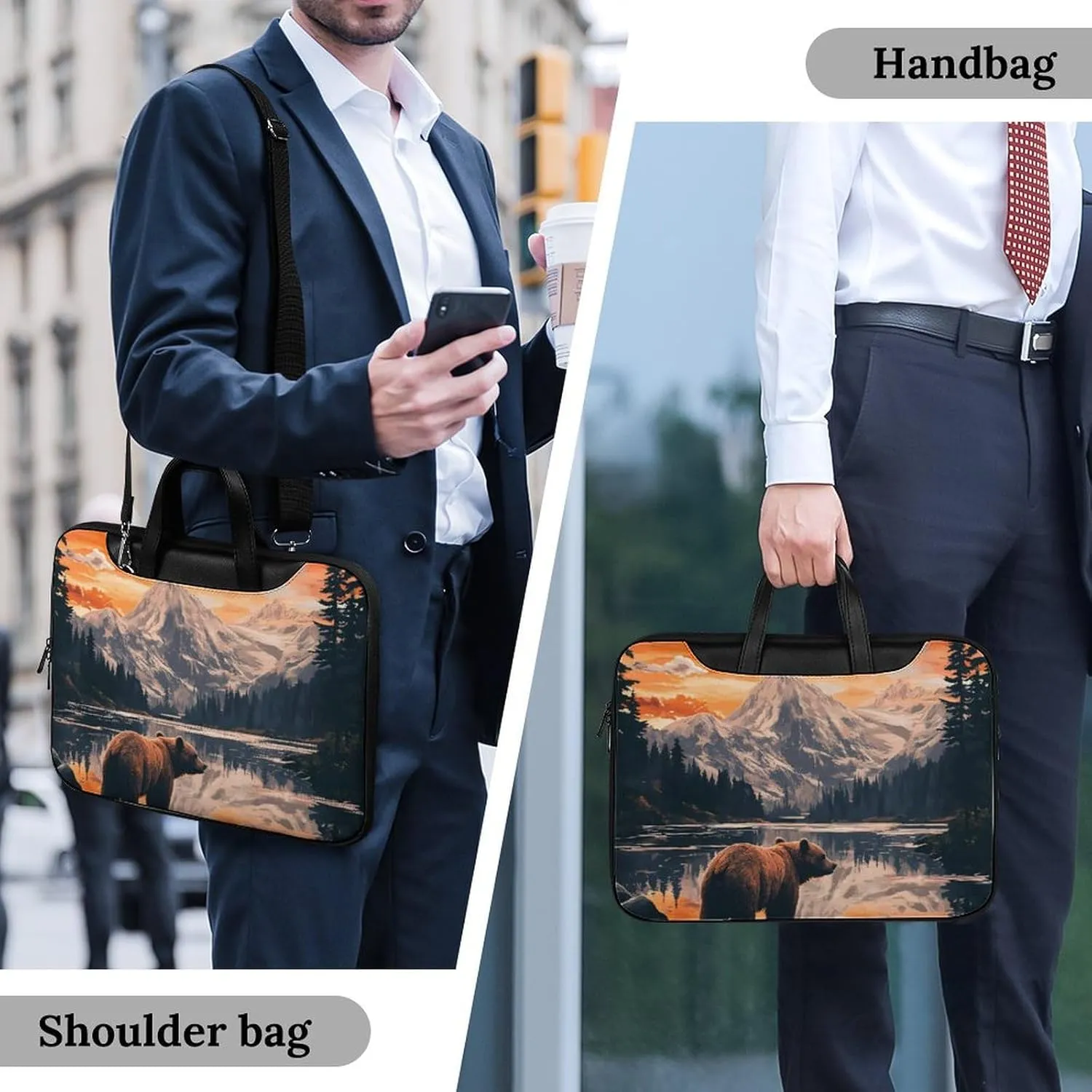 Bear Snow Mountain Sunset Leather Bag Laptop Case Slim Water Resistant Computer Bags with Handle Briefcase for Work