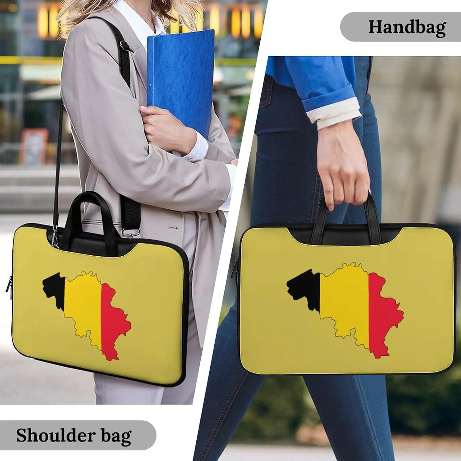 Belgian Map Flag Leather Bag Laptop Case Slim Water Resistant Computer Bags with Handle Briefcase for Work