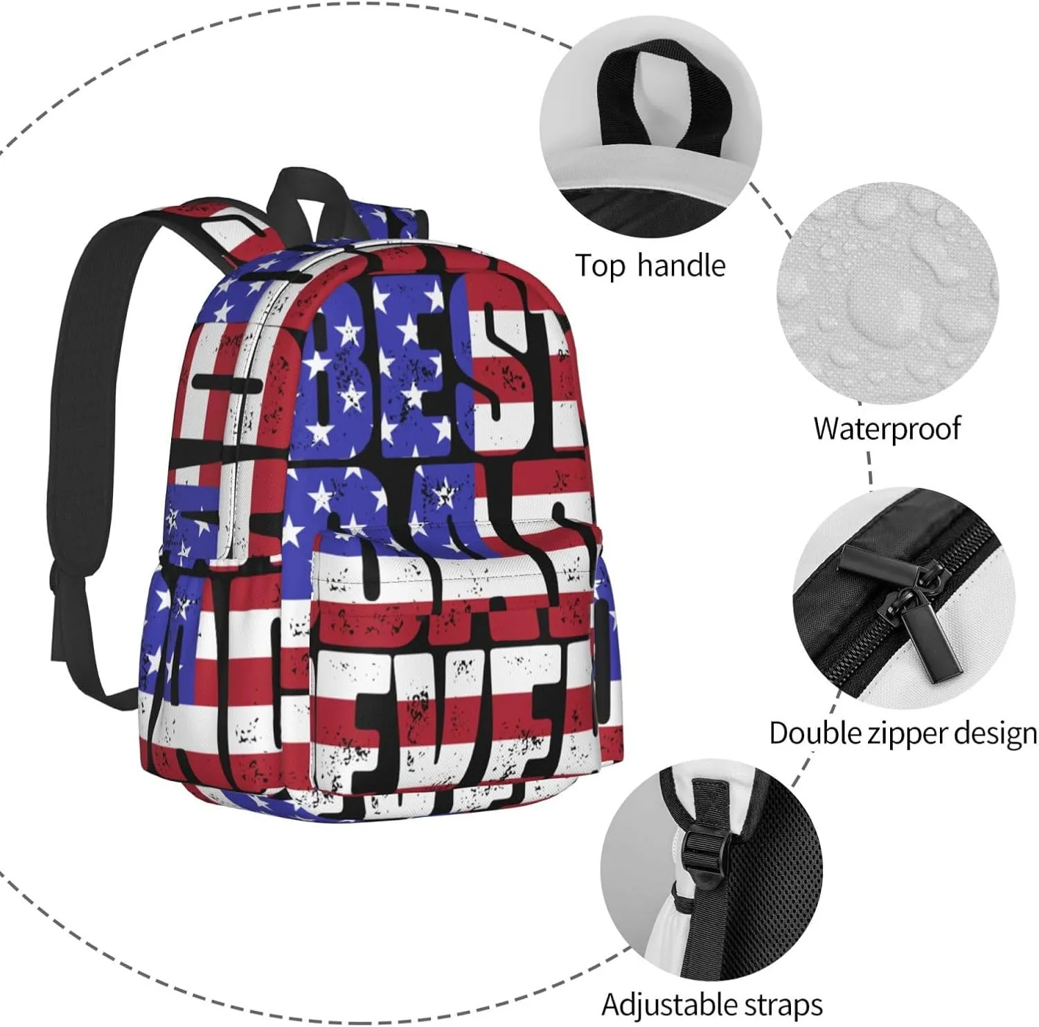 Best Dad Ever Father's Day American Flag Backpack Double Shoulder Bag 15 Inch Laptop Bagpacks for Hiking Work Camping Travel