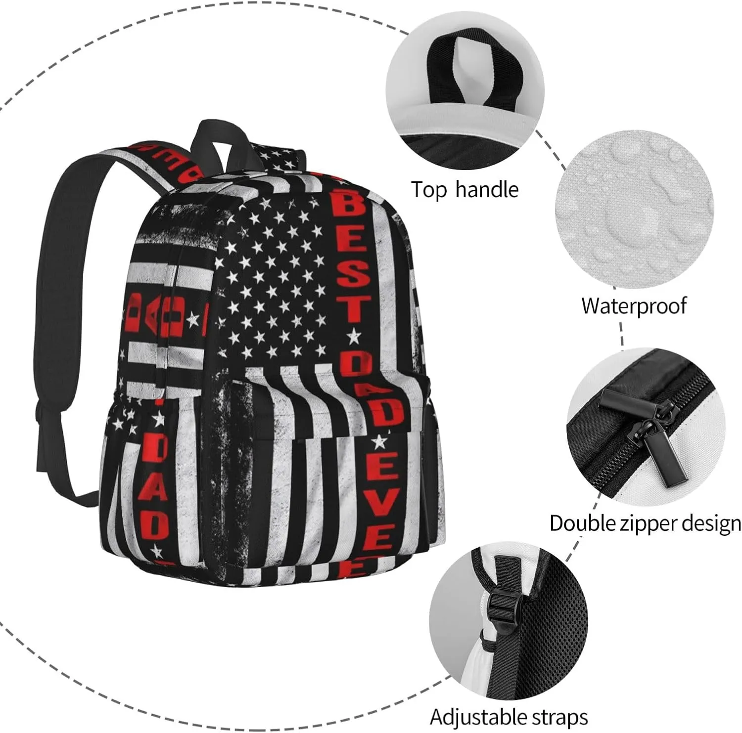 Best Dad Ever Father's Day Vintage American Flag Backpack Double Shoulder Bag 15 Inch Laptop Bagpacks for Hiking Work Camping Travel