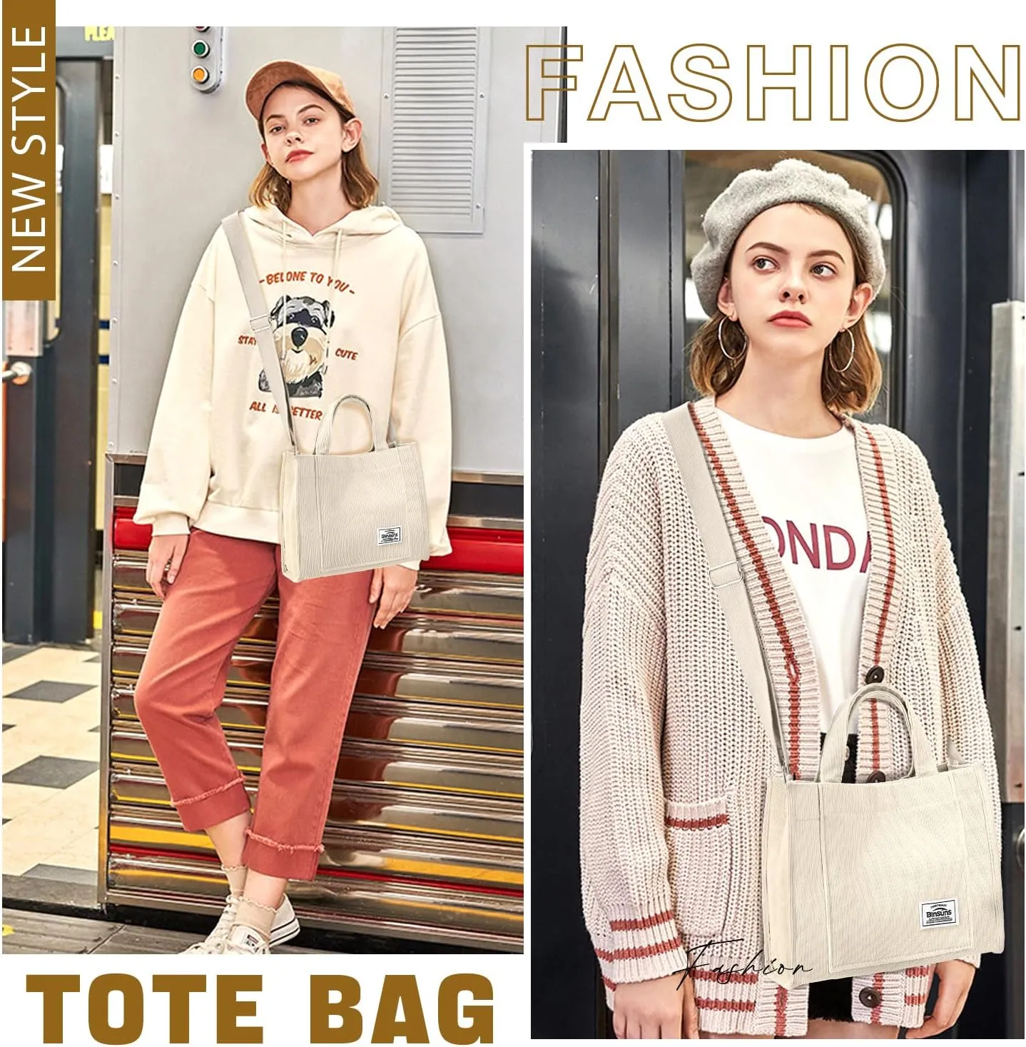 BINSUNS Corduroy Tote Bag for Women Small Satchel Bag Mini Tote Bag Aesthetic Crossbody Handbag - School Work Travel Shopping