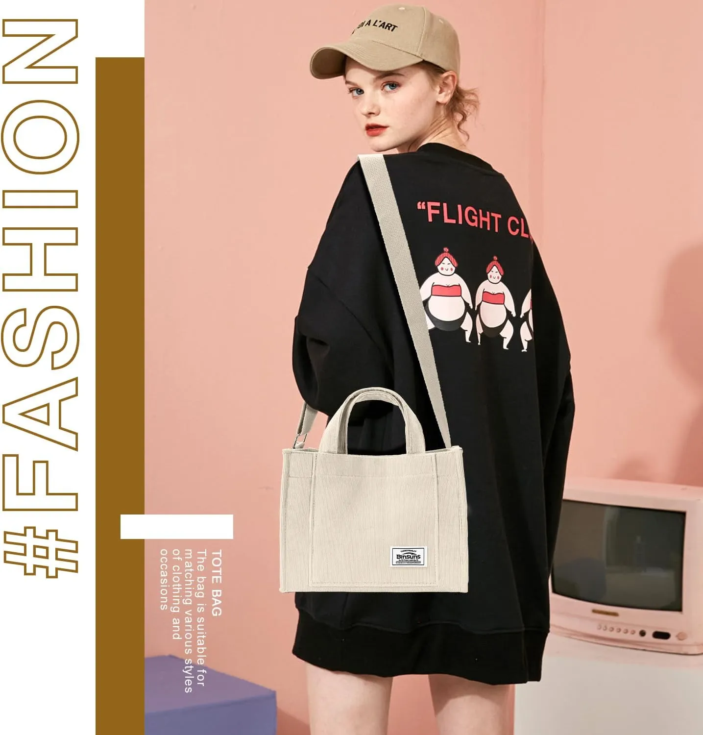 BINSUNS Corduroy Tote Bag for Women Small Satchel Bag Mini Tote Bag Aesthetic Crossbody Handbag - School Work Travel Shopping