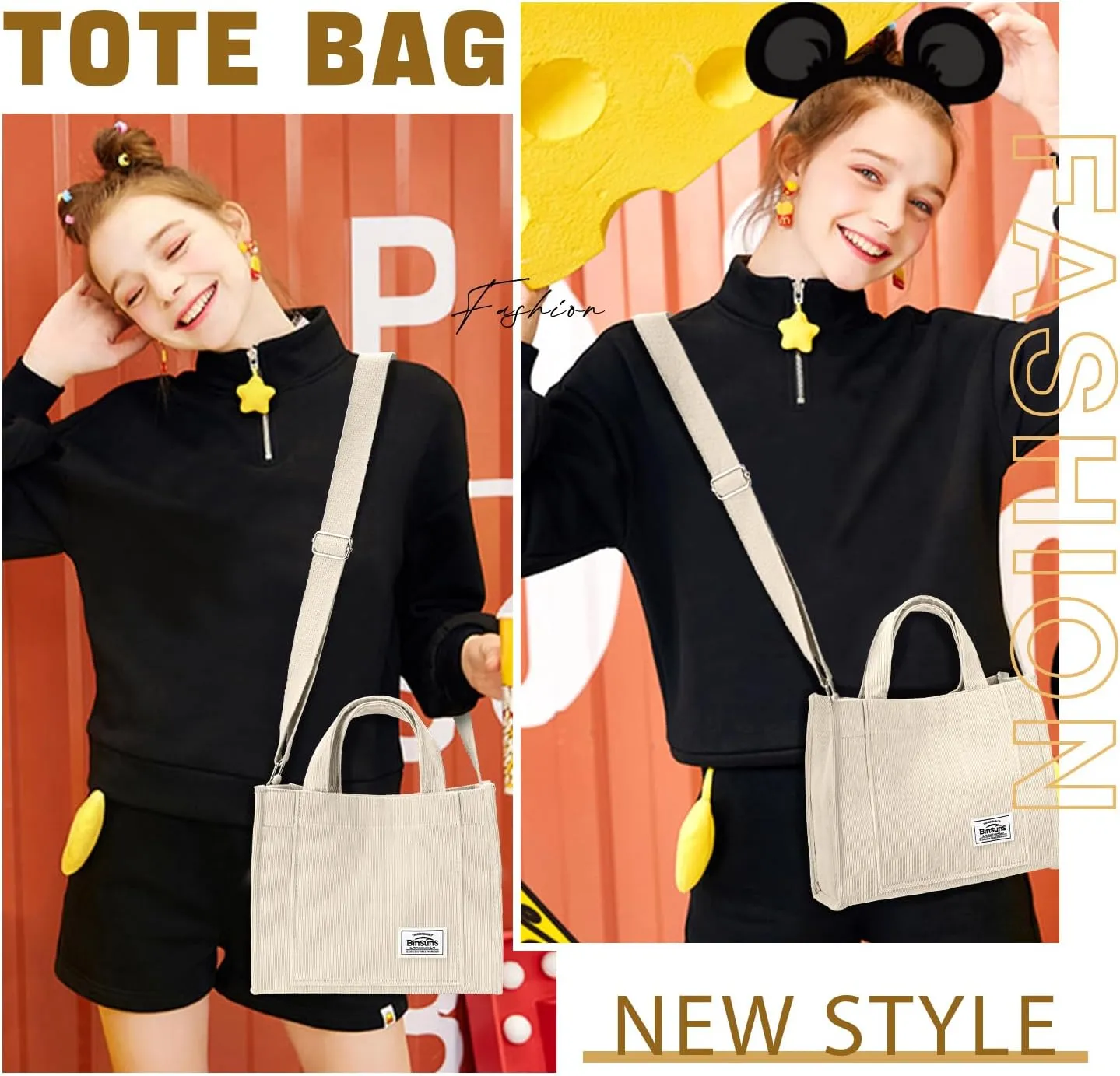 BINSUNS Corduroy Tote Bag for Women Small Satchel Bag Mini Tote Bag Aesthetic Crossbody Handbag - School Work Travel Shopping