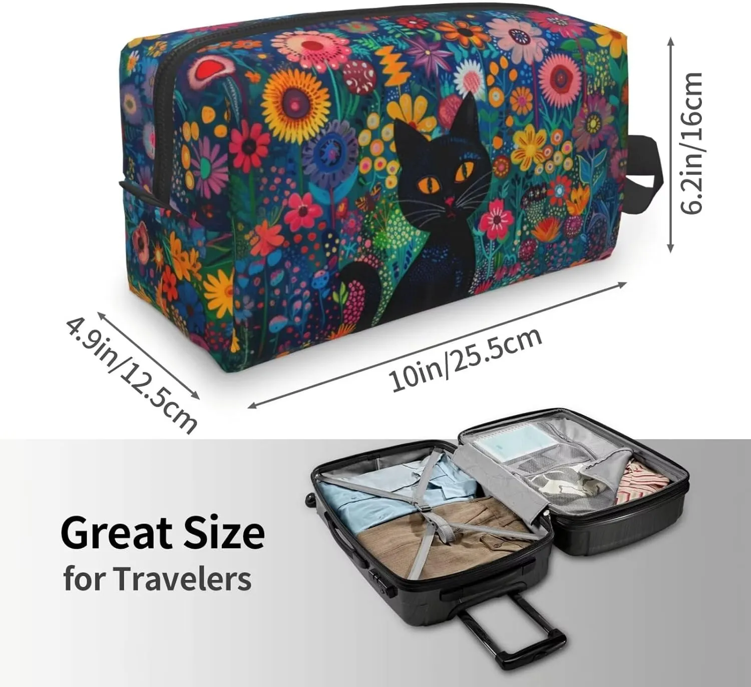 Black Cat Makeup Bag Hippie Flower Floral Personalized Cosmetic Bag with Zipper Small Make up Pouch for Purse for Women Ladies Coin Bags Purse