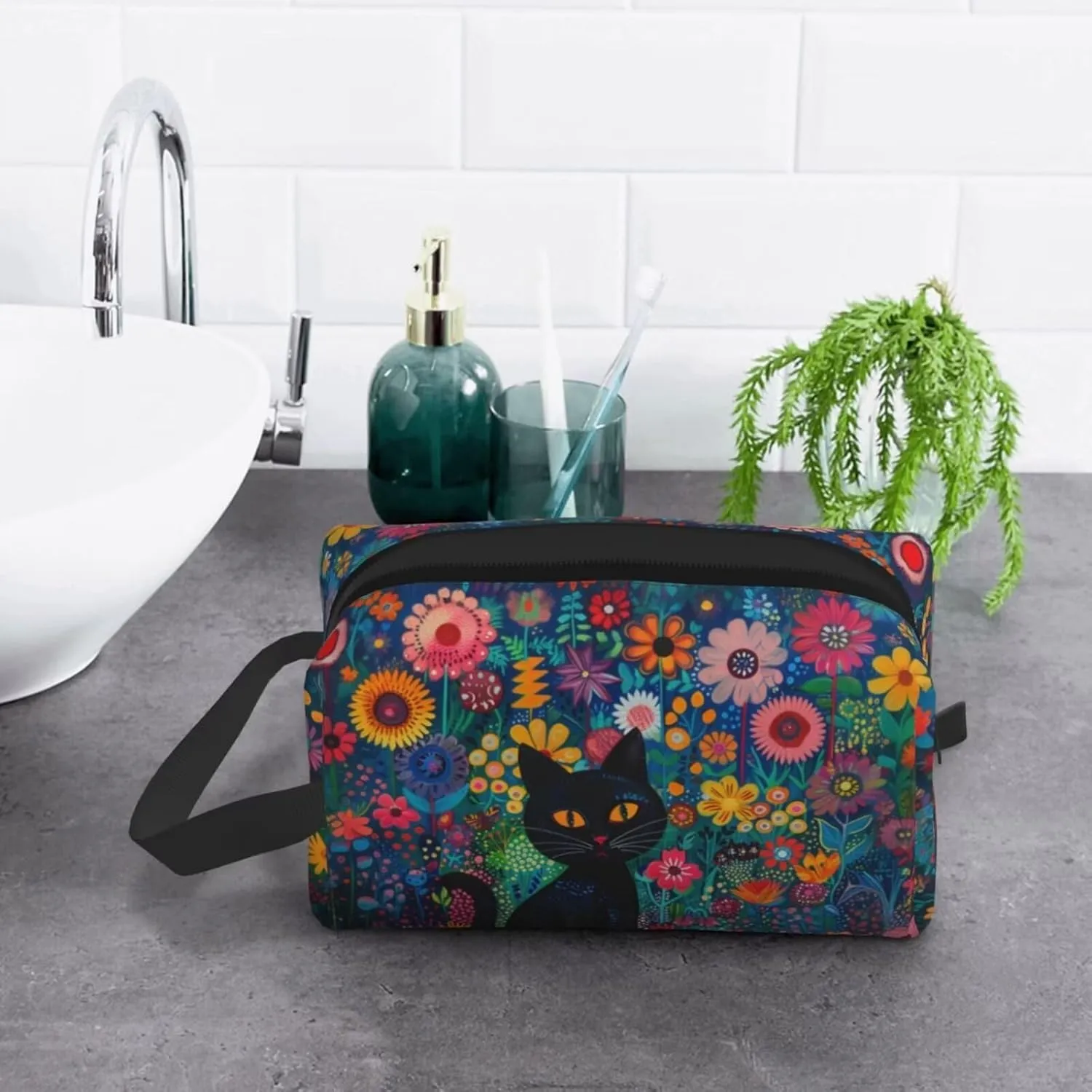 Black Cat Makeup Bag Hippie Flower Floral Personalized Cosmetic Bag with Zipper Small Make up Pouch for Purse for Women Ladies Coin Bags Purse
