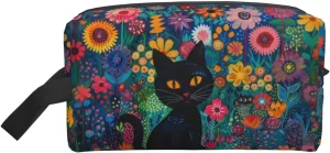 Black Cat Makeup Bag Hippie Flower Floral Personalized Cosmetic Bag with Zipper Small Make up Pouch for Purse for Women Ladies Coin Bags Purse
