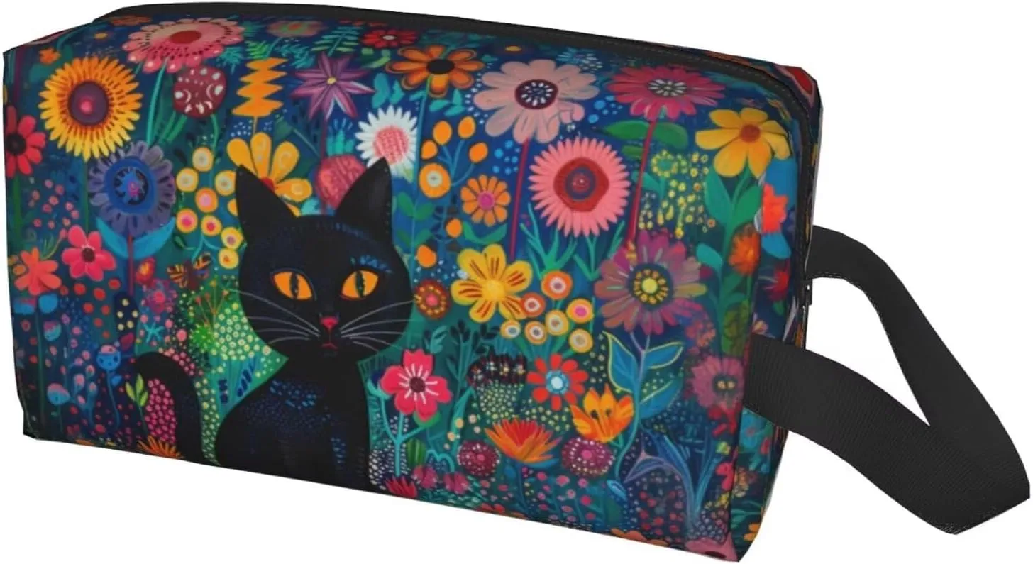 Black Cat Makeup Bag Hippie Flower Floral Personalized Cosmetic Bag with Zipper Small Make up Pouch for Purse for Women Ladies Coin Bags Purse