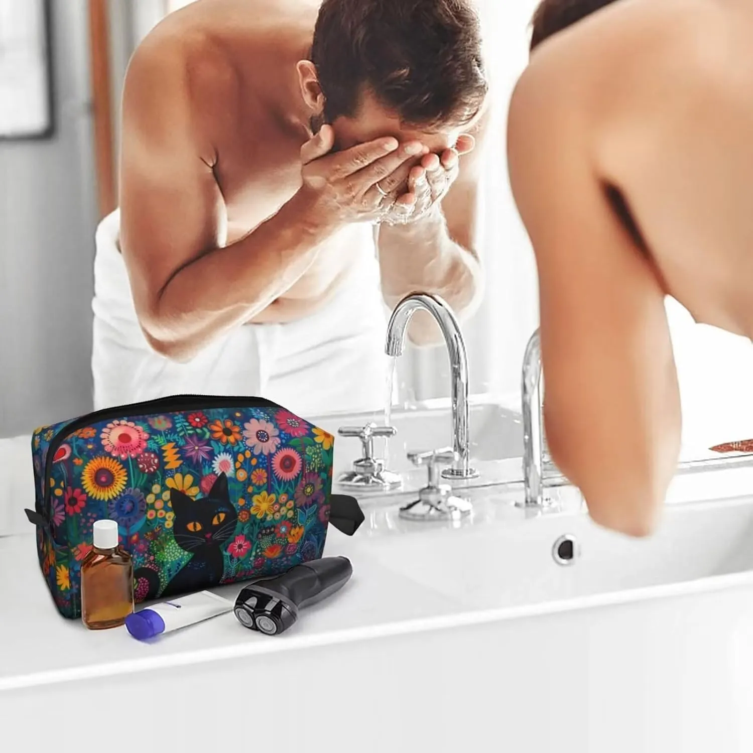 Black Cat Makeup Bag Hippie Flower Floral Personalized Cosmetic Bag with Zipper Small Make up Pouch for Purse for Women Ladies Coin Bags Purse