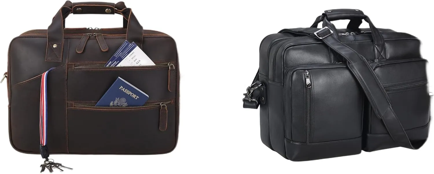 Black Leather Expandable Briefcases for Men Fits 17 Inch Laptop And Vintage Brown Leather Briefcase for Men