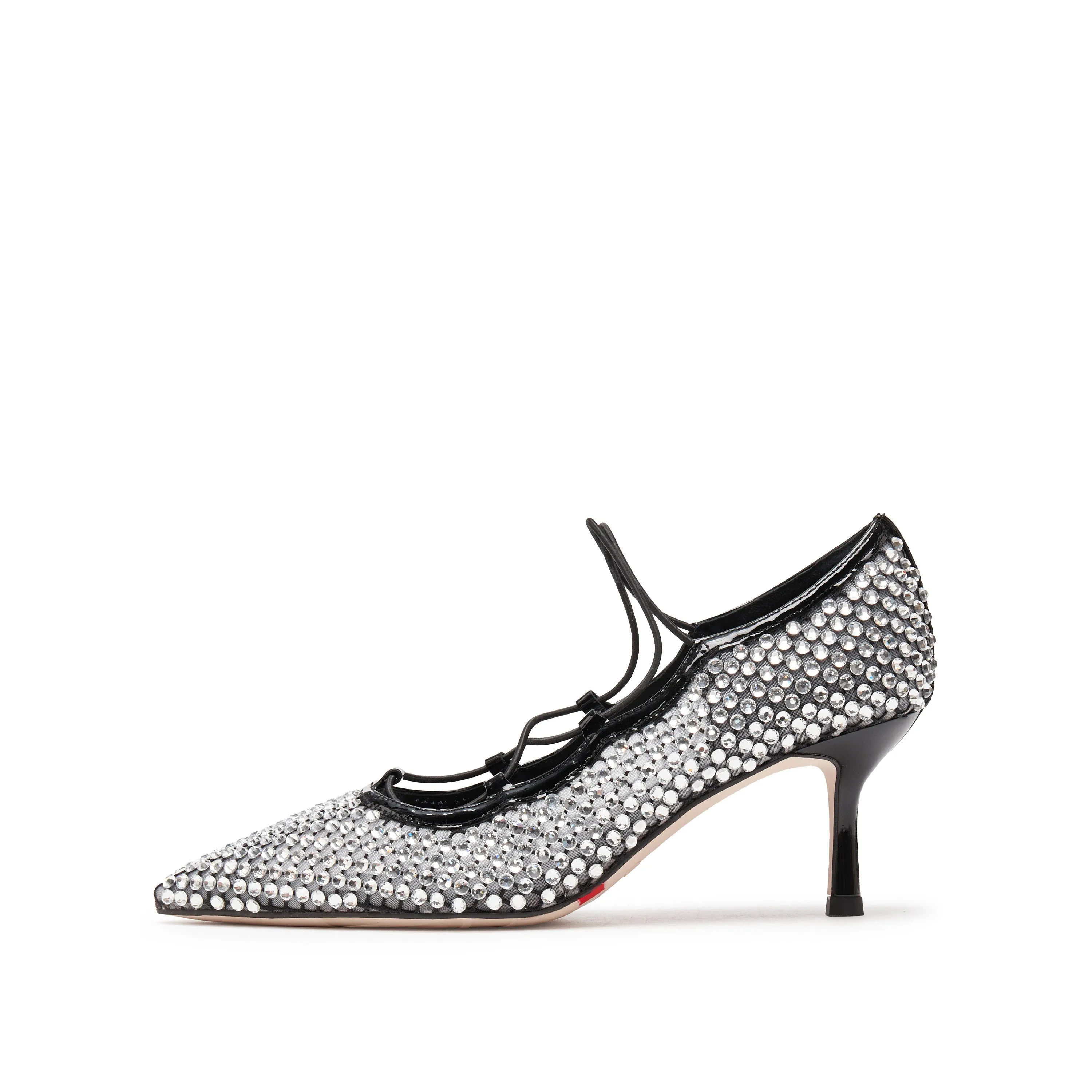 Black Mesh Crystal Embellished Heeled Pumps