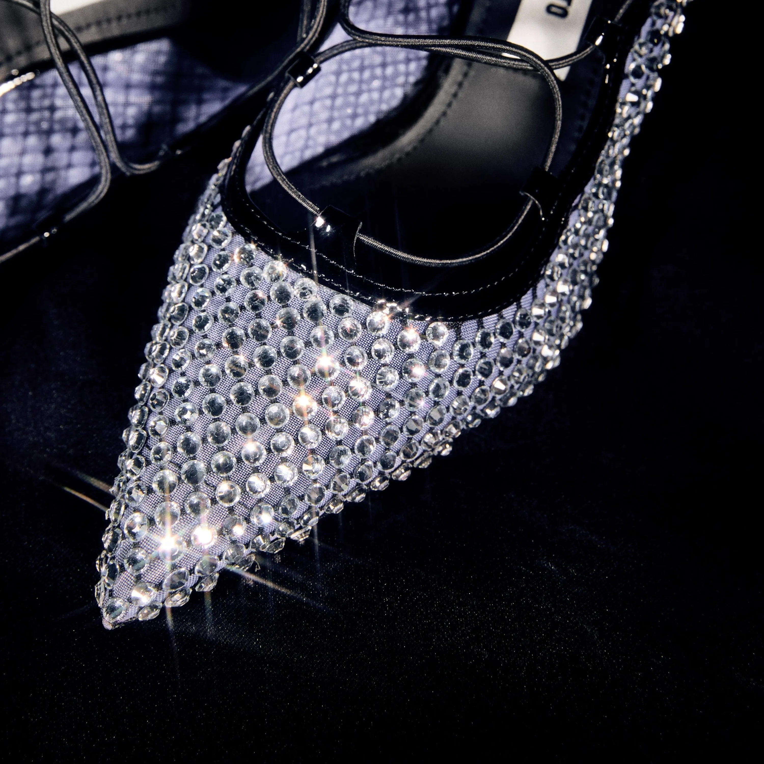 Black Mesh Crystal Embellished Heeled Pumps