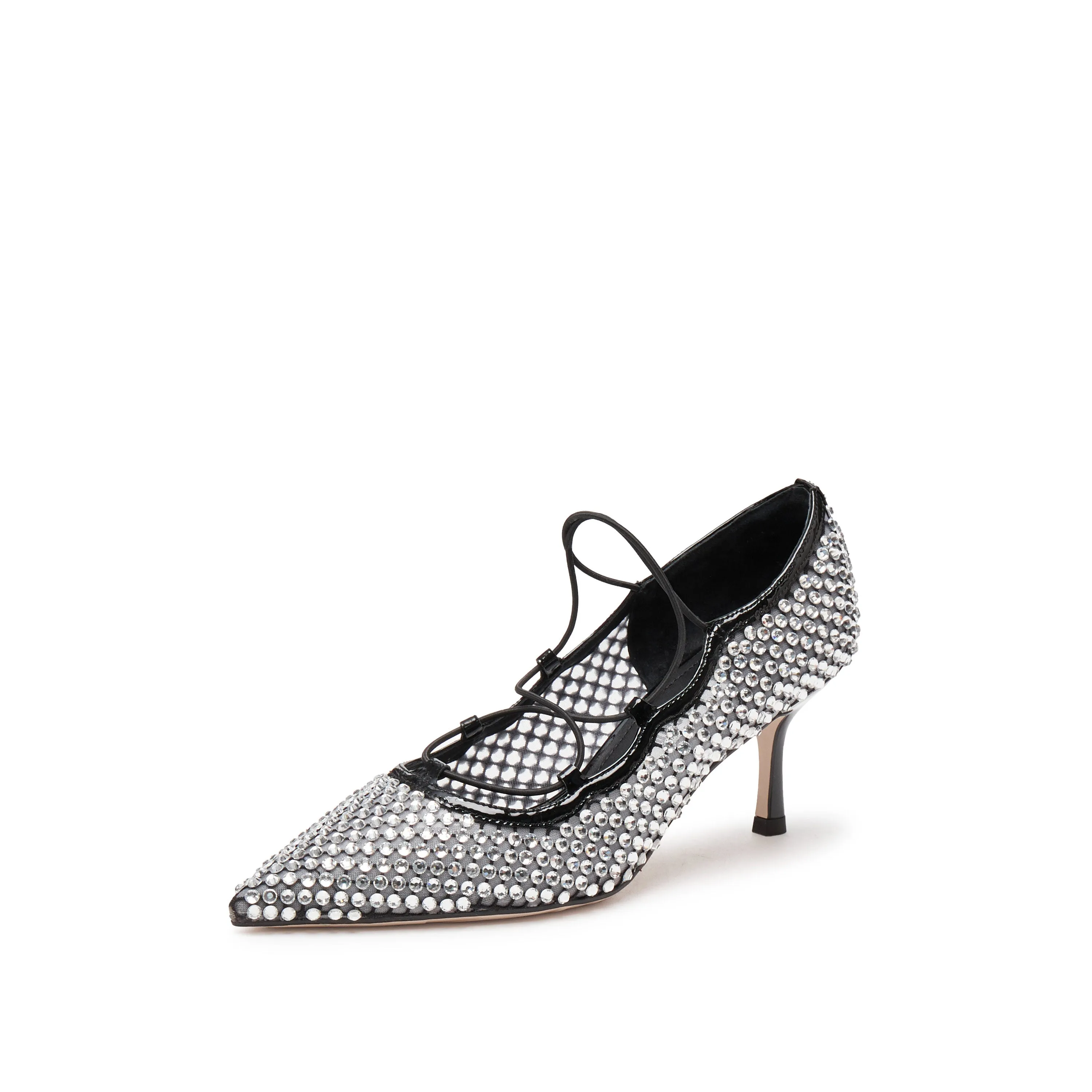 Black Mesh Crystal Embellished Heeled Pumps