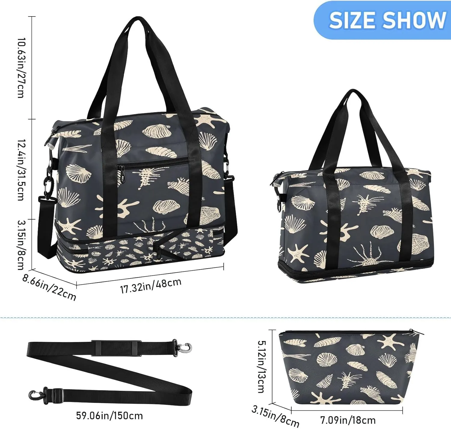 Black Ocean Color Art Travel Duffel Bag Waterproof Gym Sport Tote Bag Carry On Weekender Bag with Compartment