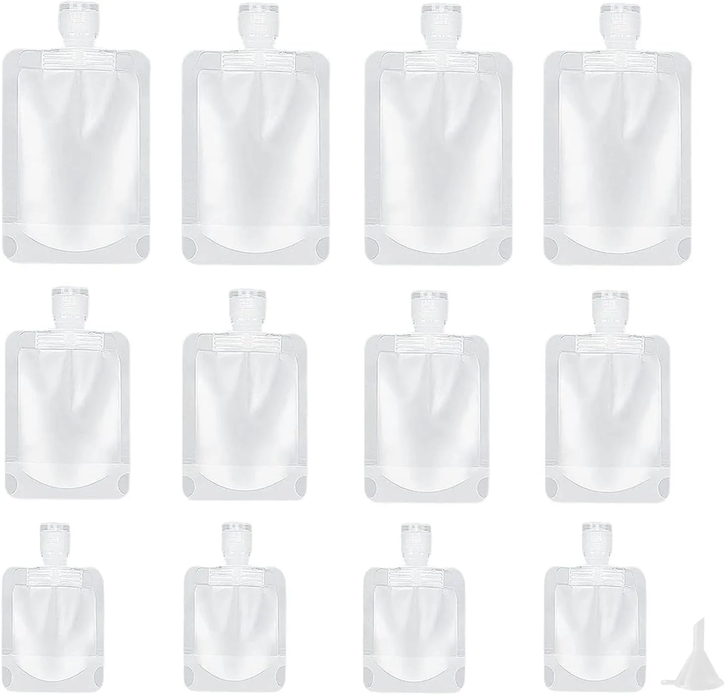 Booge 12 Pcs Travel Size Refillable Pouches Empty Squeeze Pouches Squeezable Bags Cosmetic Containers with Funnel for Toiletry, Lotion, Shampoo Conditioner (30ml/50ml/100ml)