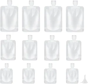 Booge 12 Pcs Travel Size Refillable Pouches Empty Squeeze Pouches Squeezable Bags Cosmetic Containers with Funnel for Toiletry, Lotion, Shampoo Conditioner (30ml/50ml/100ml)