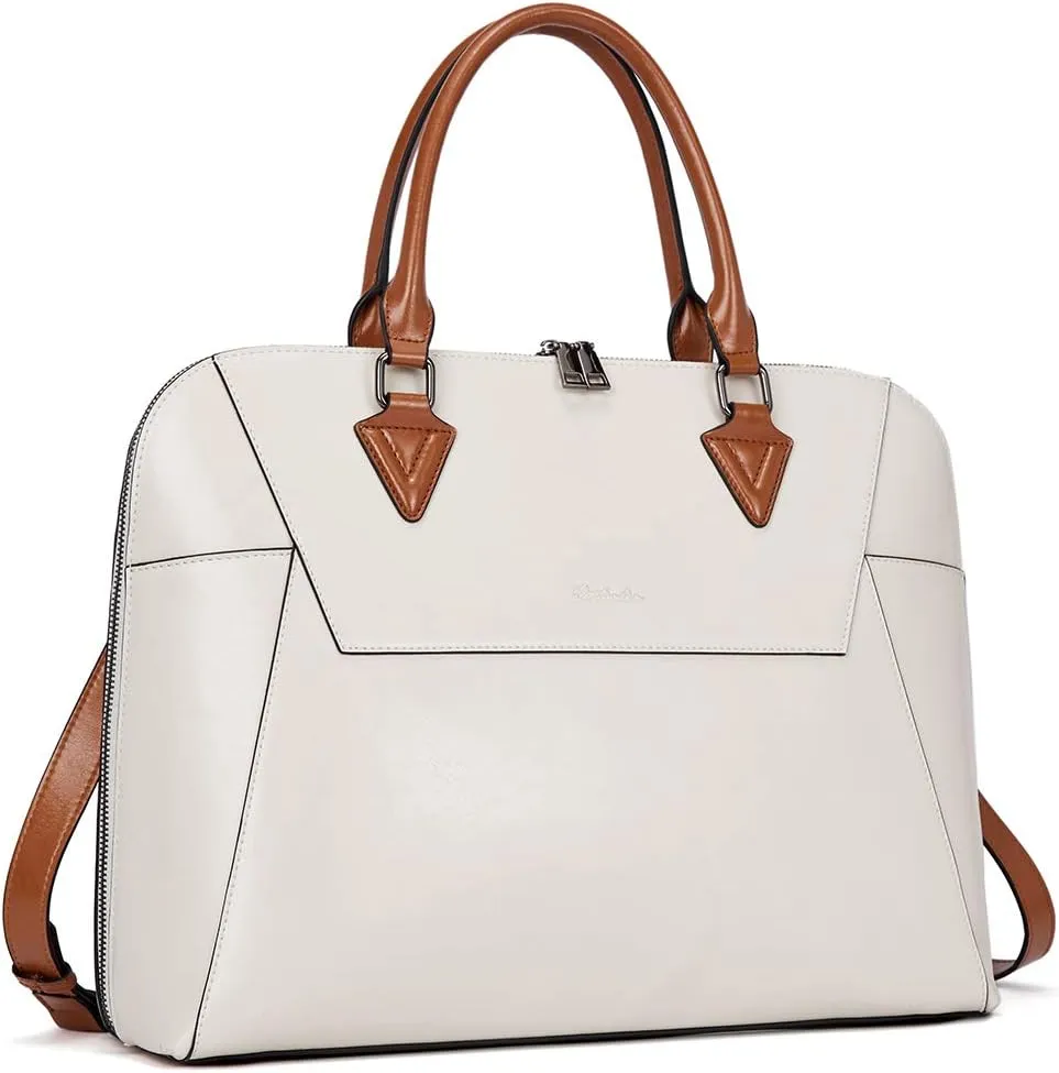 BOSTANTEN Leather Briefcase for Women Vintage 15.6 inch Laptop Bag and Laptop Shoulder Bag Office Work Crossbody Handbag Beige-White