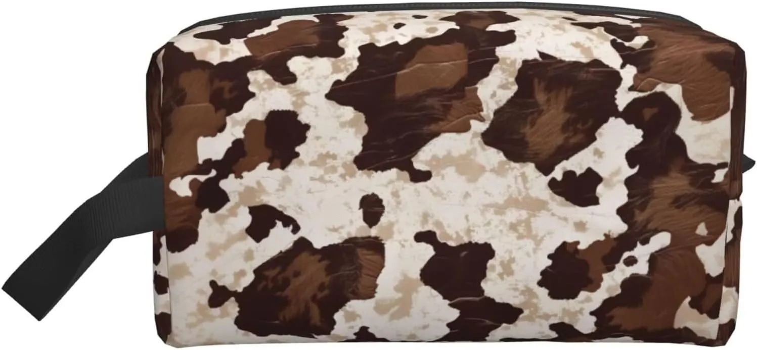 Brown Cow Makeup Bag Cowhide Cosmetic Purse Organizer Teacher Pouches Cow Spot Cloth Aesthetic Makeup Bags for Travel Makeup Brushes