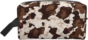 Brown Cow Makeup Bag Cowhide Cosmetic Purse Organizer Teacher Pouches Cow Spot Cloth Aesthetic Makeup Bags for Travel Makeup Brushes
