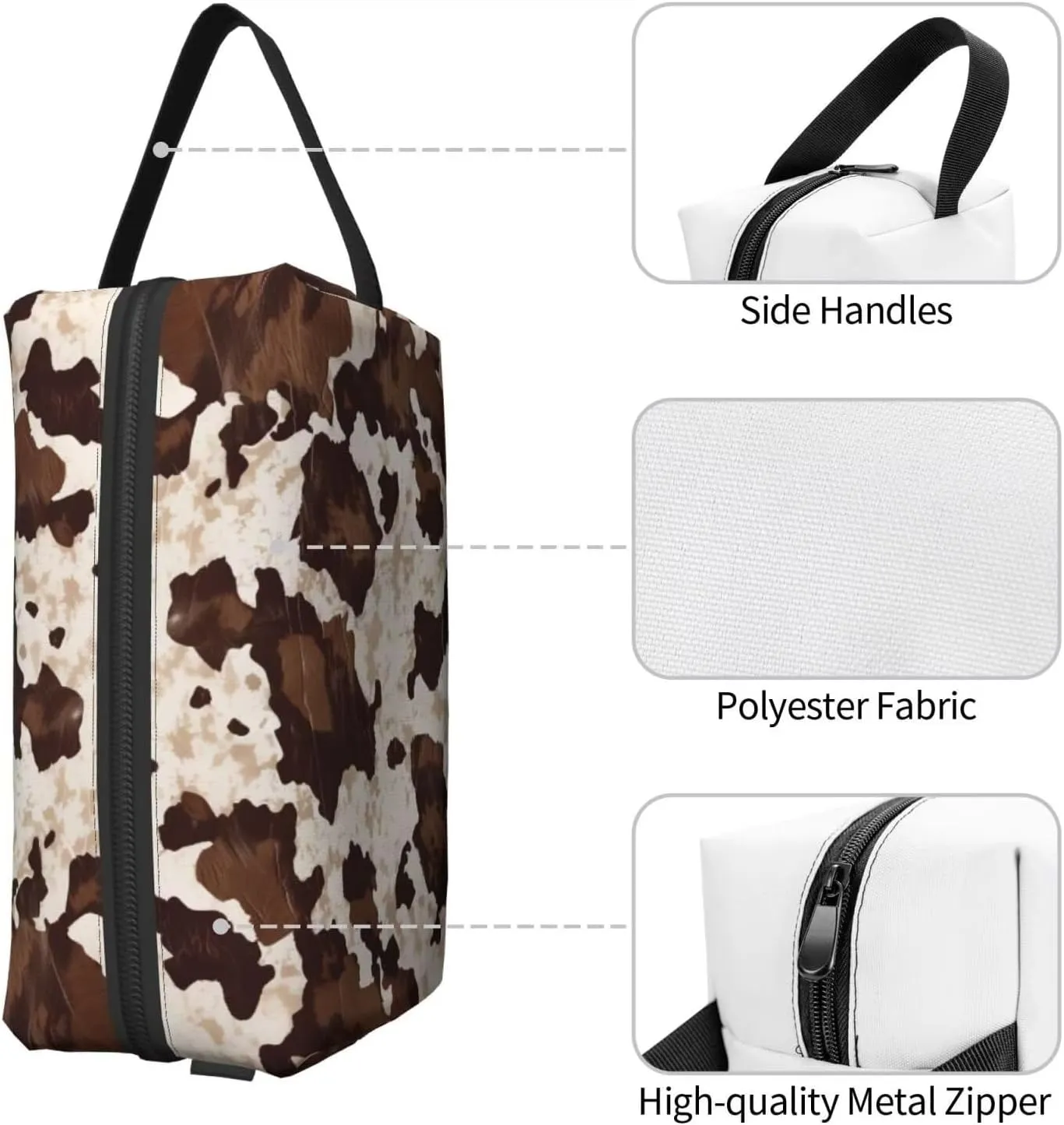 Brown Cow Makeup Bag Cowhide Cosmetic Purse Organizer Teacher Pouches Cow Spot Cloth Aesthetic Makeup Bags for Travel Makeup Brushes