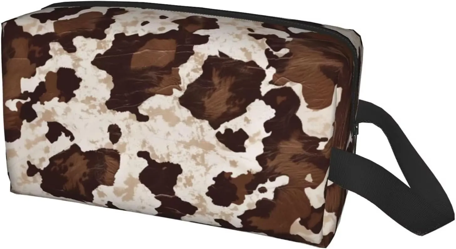Brown Cow Makeup Bag Cowhide Cosmetic Purse Organizer Teacher Pouches Cow Spot Cloth Aesthetic Makeup Bags for Travel Makeup Brushes