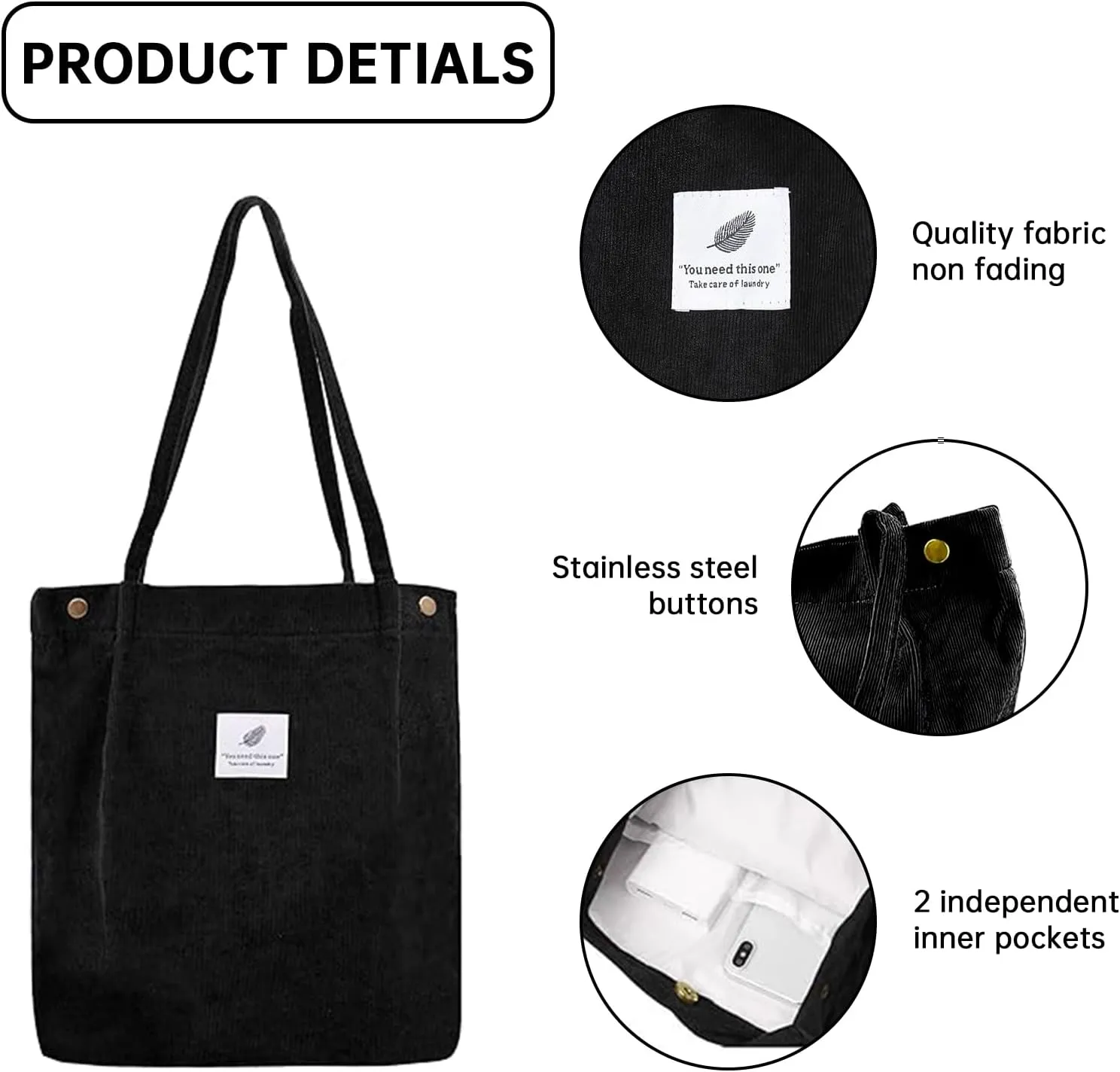 Canvas Tote Bag for Women, Large Capacity Corduroy Quilted Tote Bag with Inner Pockets, Durable Stylish Reusablee