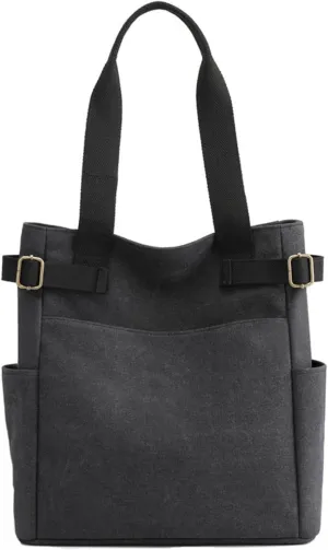 Canvas Tote Bag for Women With Pockets,Large Canvas Tote Bag With Zipper And Compartments Crossbody Work Tote Bag Fall Shoulder Bag Satchel Hobo Bag Messenger Bag For Everyday Shopping Travel (Black)