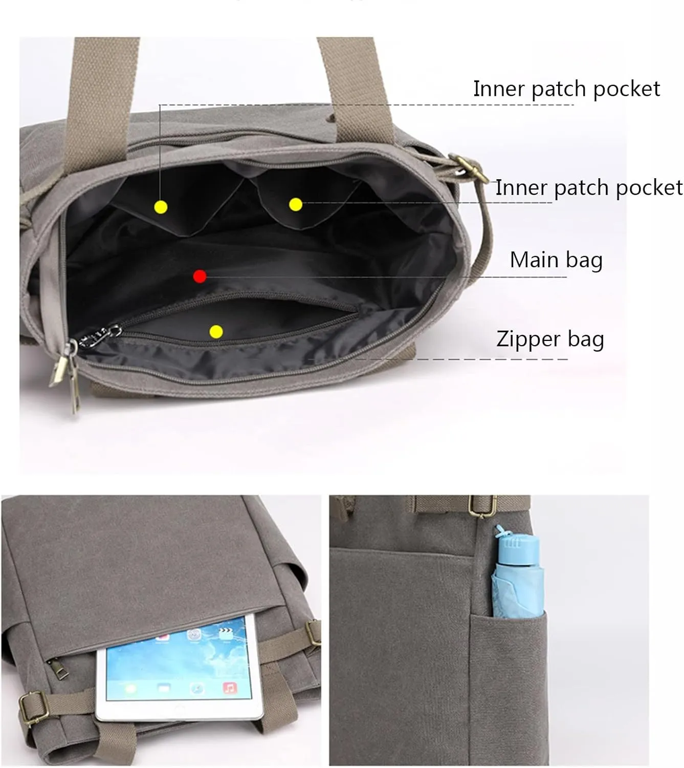 Canvas Tote Bag for Women With Pockets,Large Canvas Tote Bag With Zipper And Compartments Crossbody Work Tote Bag Fall Shoulder Bag Satchel Hobo Bag Messenger Bag For Everyday Shopping Travel (Black)