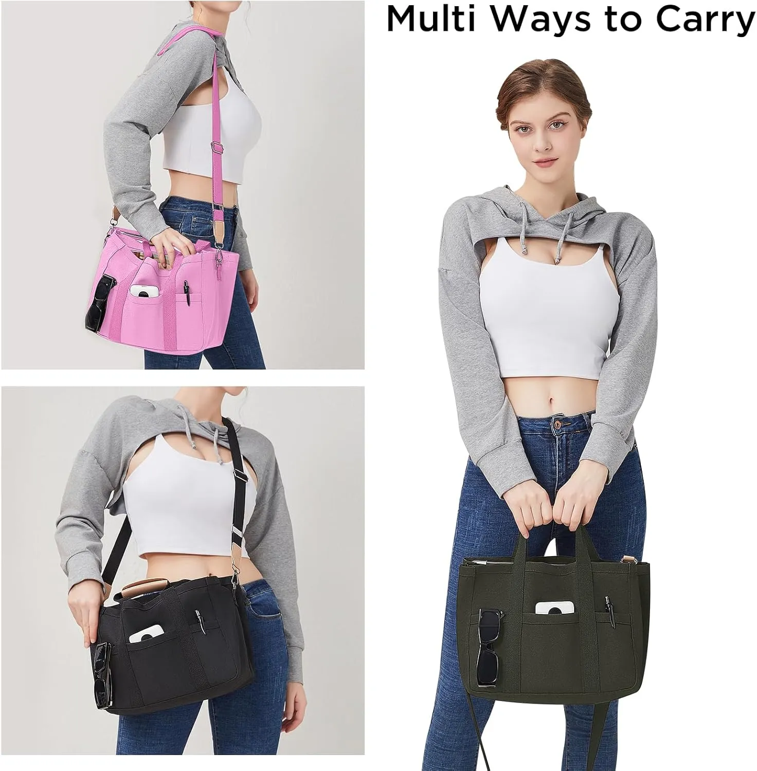 Canvas Tote Bag with Multi Pockets Crossbody Tote Bag for Women Bible Handbag Everything Tote Bags with Compartments