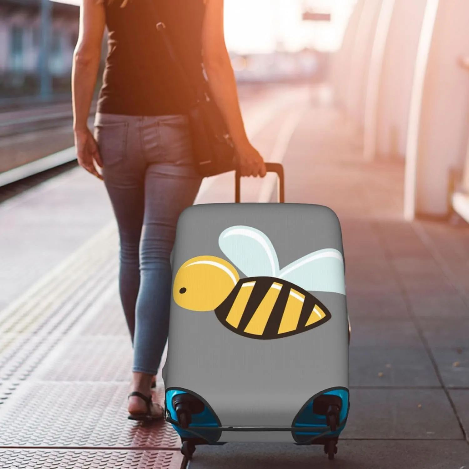 Cartoon Bee Print Washable Suitcase Cover Protective Luggage Cover Anti Scratch Travel Gear Protector