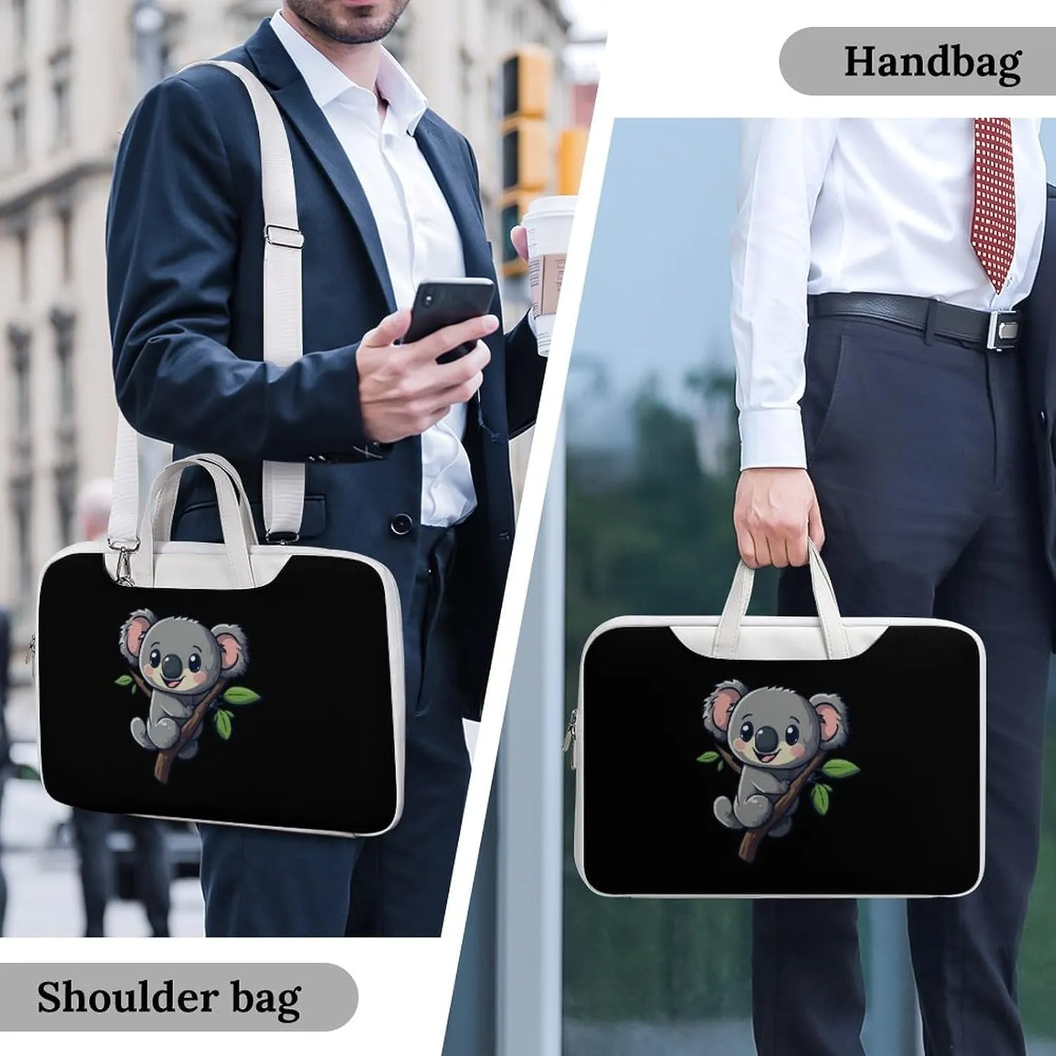 Cartoon Koala Leather Bag Laptop Case Slim Water Resistant Computer Bags with Handle Briefcase for Work