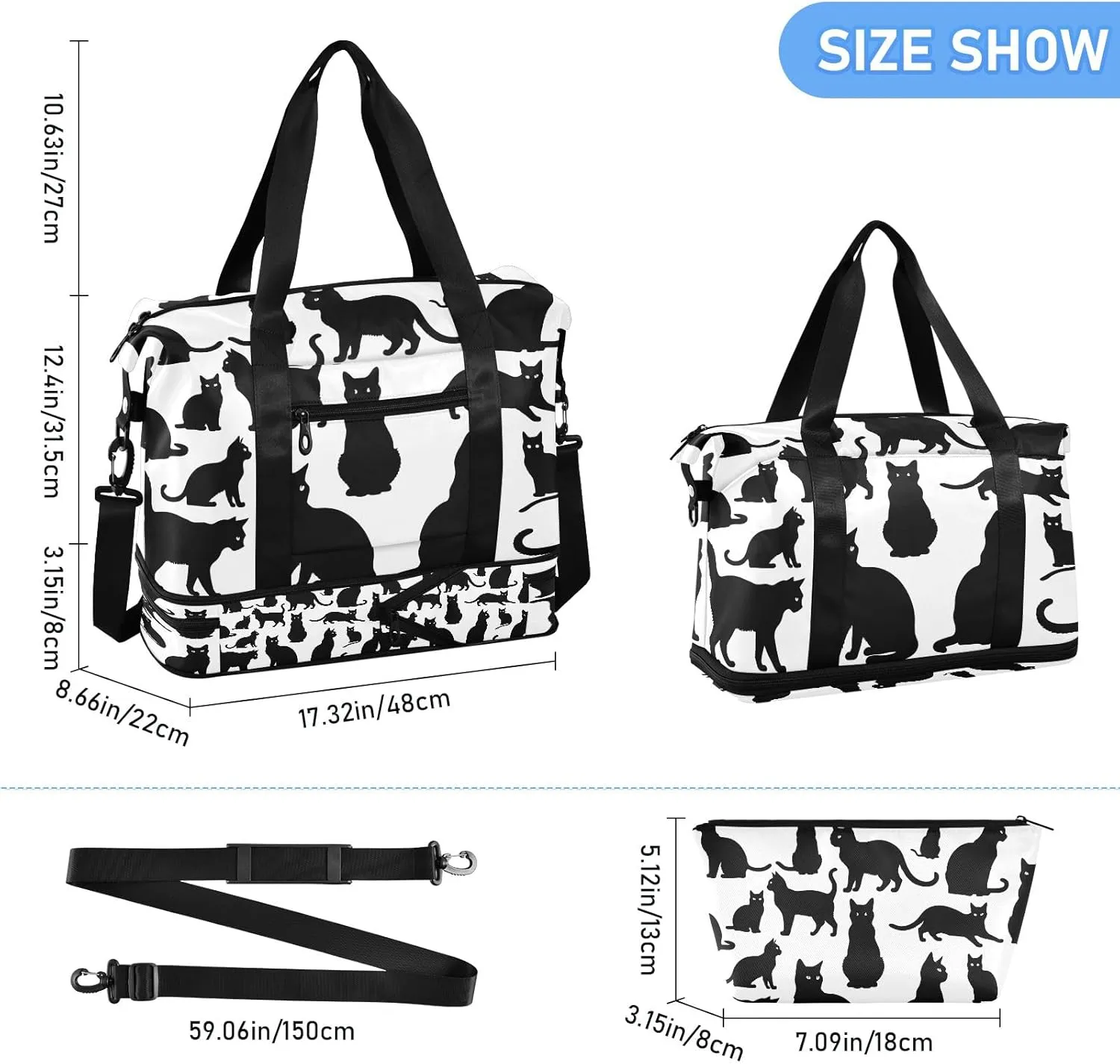 Cats Travel Duffel Bag Gym Tote Bag for Sports Waterproof Carry On Weekender Bag with Compartment