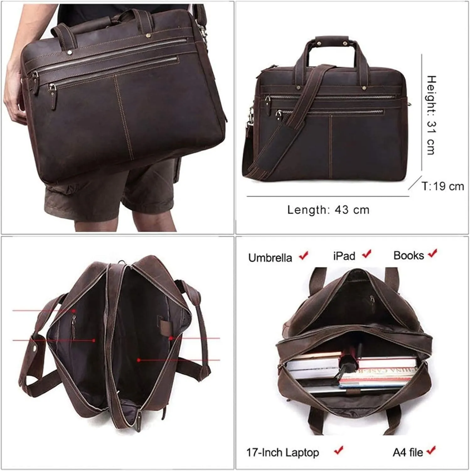 CcacHe Briefcases Vintage Messenger Handbag, Vintage Leather Briefcase 17" Laptop Tote Large Capacity Messenger Bag