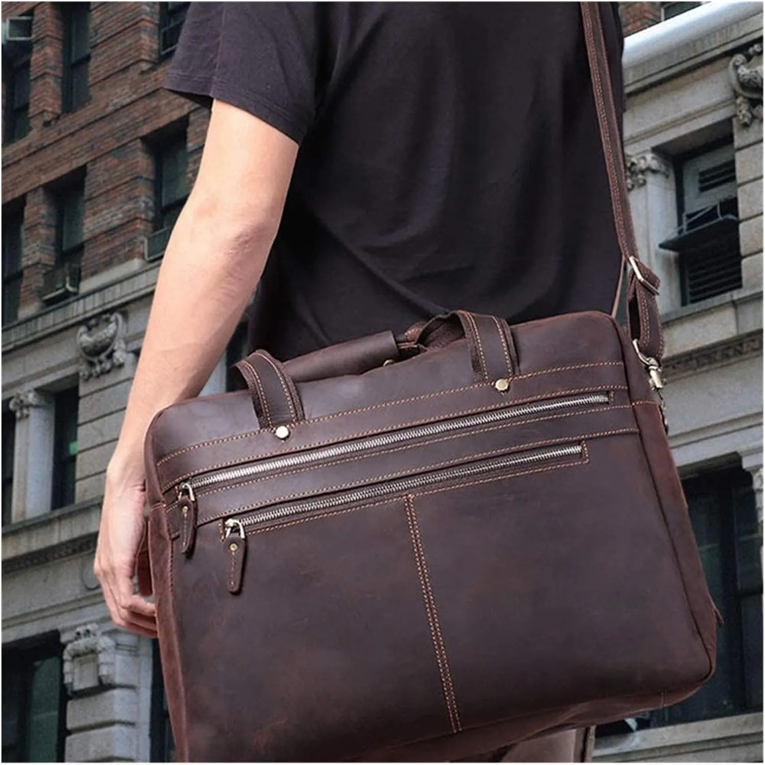 CcacHe Briefcases Vintage Messenger Handbag, Vintage Leather Briefcase 17" Laptop Tote Large Capacity Messenger Bag