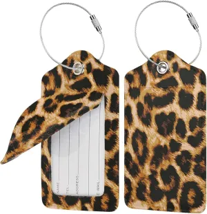 Cheetah Leopard Print 2 Pack Luggage Tag for Suitcase, Leather Name Tag Id Label Luggage Tags with Stainless Steel Loop and Privacy Cover for Women Men Teens Travel