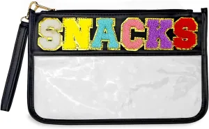 Chenille Letter Bag Snack, Clear Preppy Patch Cosmetic Pouch with Zipper, Waterproof Transparent PVC Travel Make Up Bag for Toiletries Gym Beach (Black)