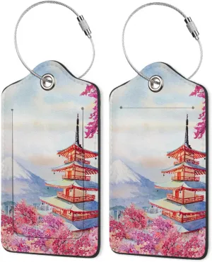 Cherry Blossom Luggage Tag for Suitcase,Mount Fuji Luggage Tag with Privacy Flap & Name ID Label & Metal Loop,Travel Suitcase Tags for Women 2Pcs