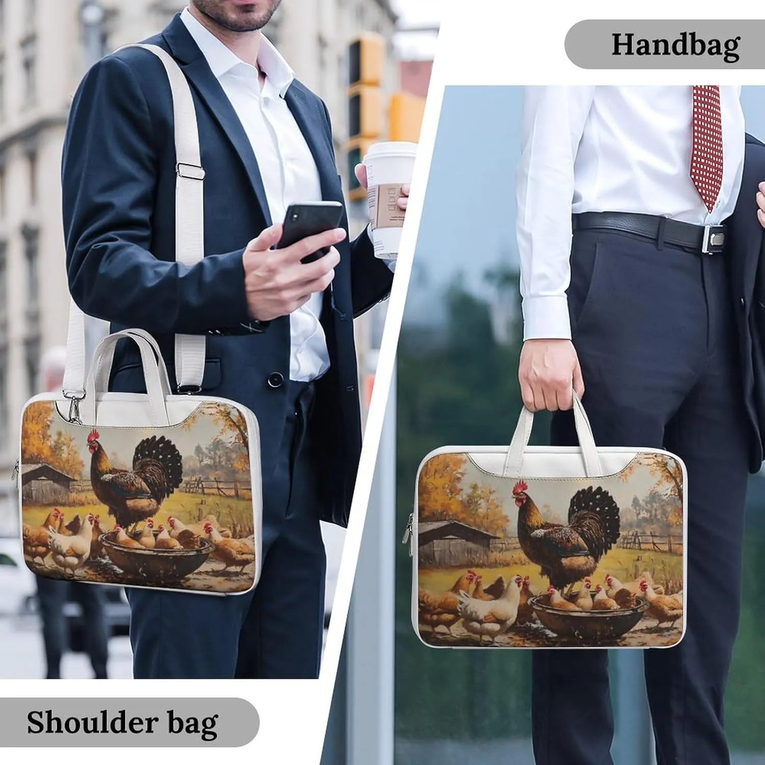 Chickens Hens Rooster Cock Leather Bag Laptop Case Slim Water Resistant Computer Bags with Handle Briefcase for Work