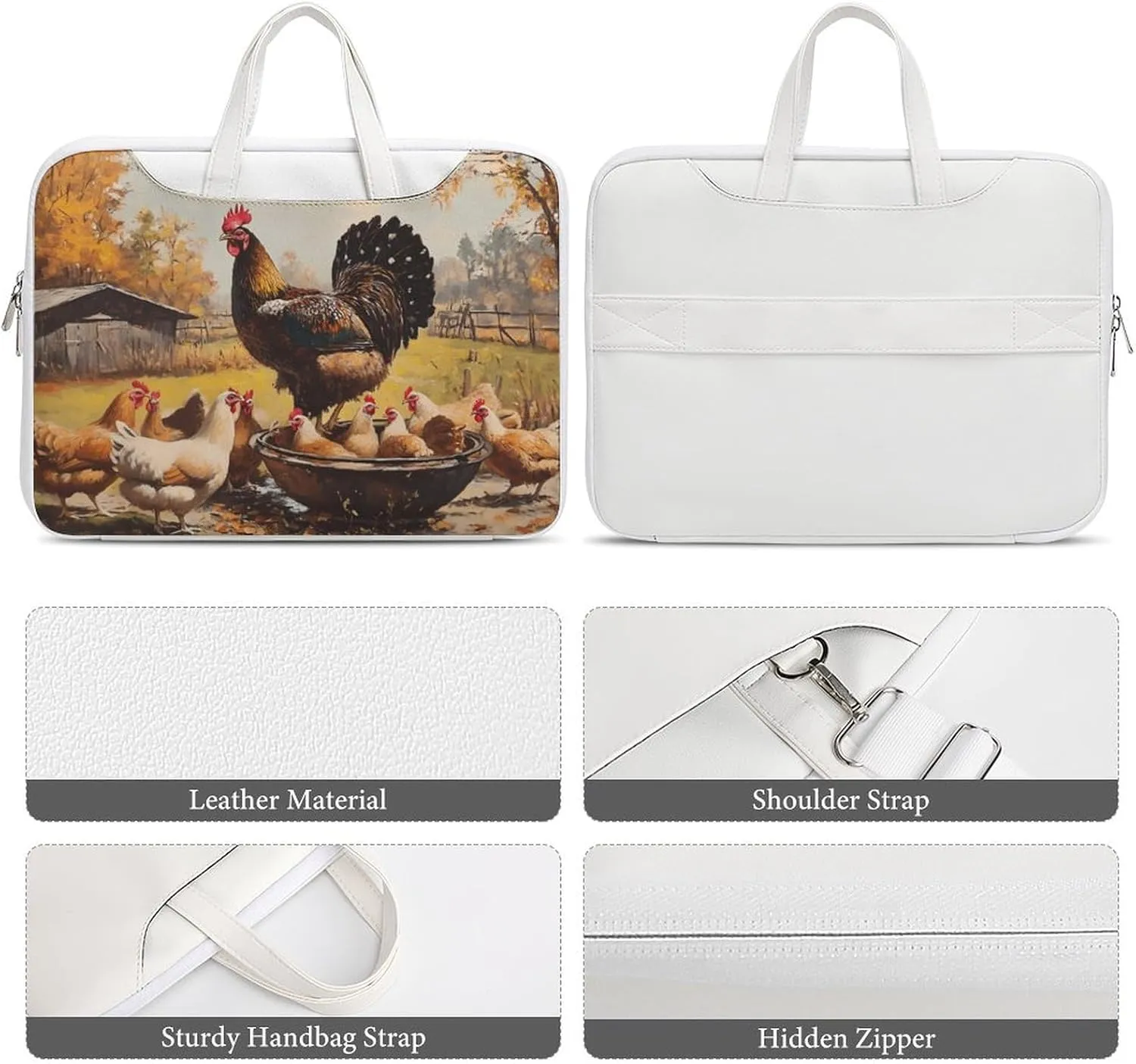 Chickens Hens Rooster Cock Leather Bag Laptop Case Slim Water Resistant Computer Bags with Handle Briefcase for Work